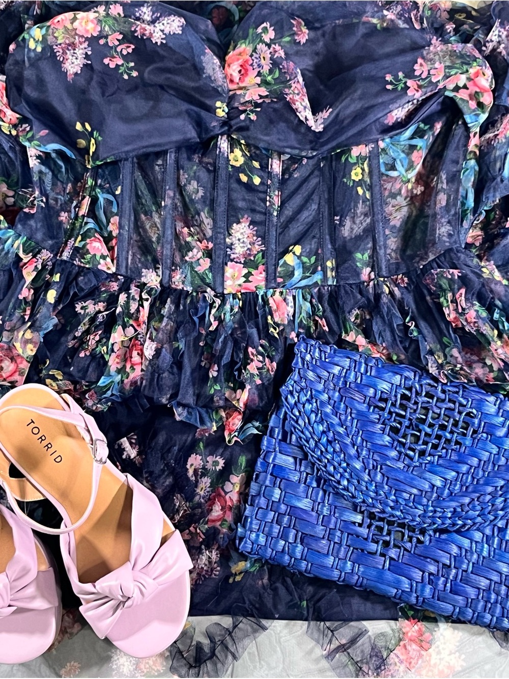 Lulu's Navy Floral Ruffled Dress w torrid Lavender Sandals and Clutch
